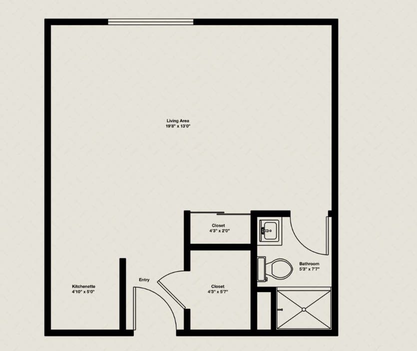 A floor plan of a studio apartment showing the arrangement of rooms and spaces.