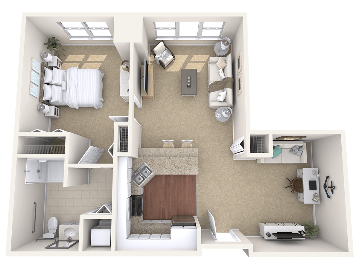 A 3D rendered floor plan of a one-bedroom apartment featuring a living room, kitchen, and bathroom.