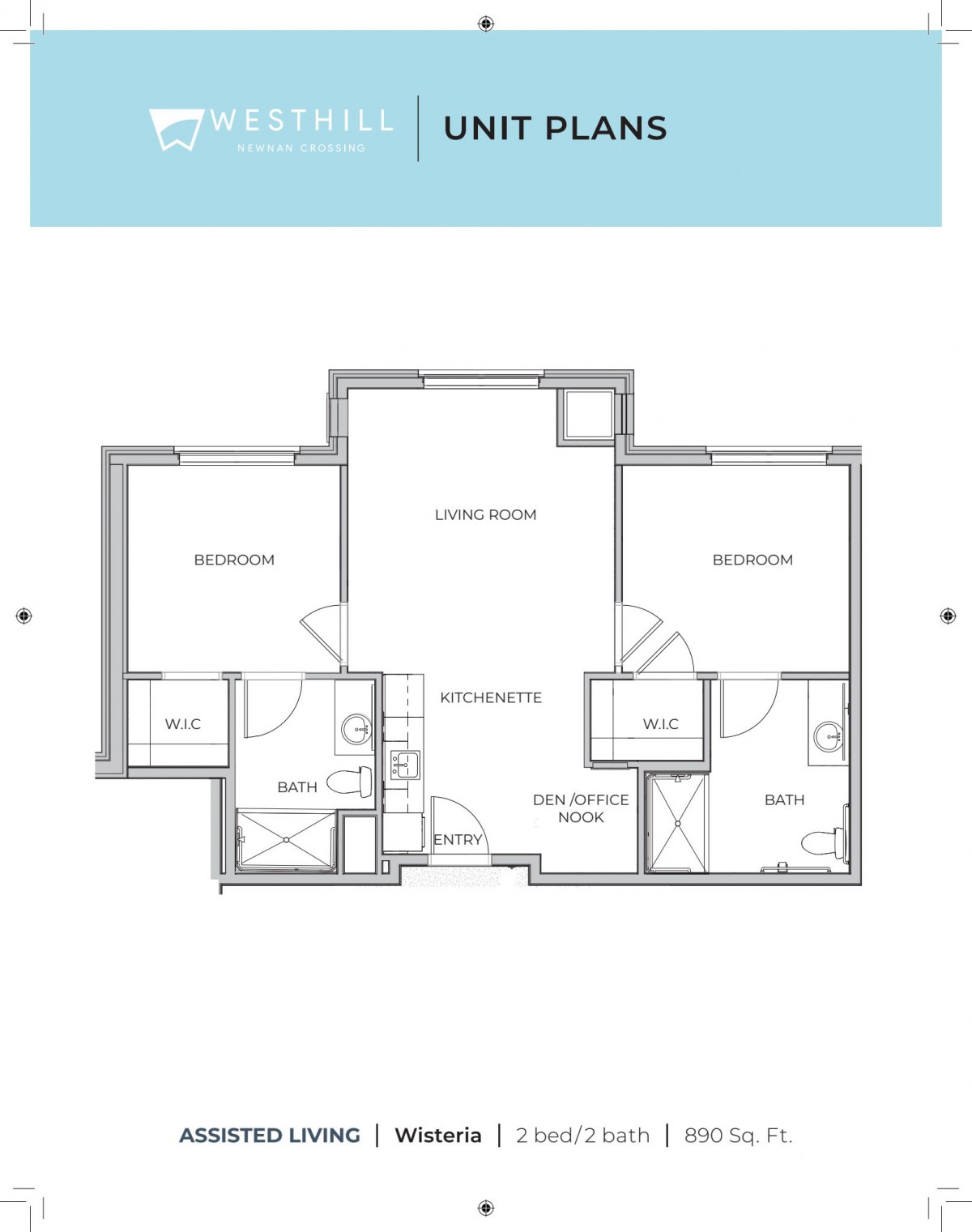 A detailed floor plan of a two-bedroom apartment featuring a living room, kitchen, and bathrooms.
