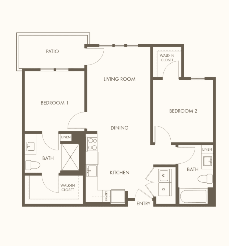 This is a floor plan of a two-bedroom apartment, featuring a living room, kitchen, and two bathrooms.