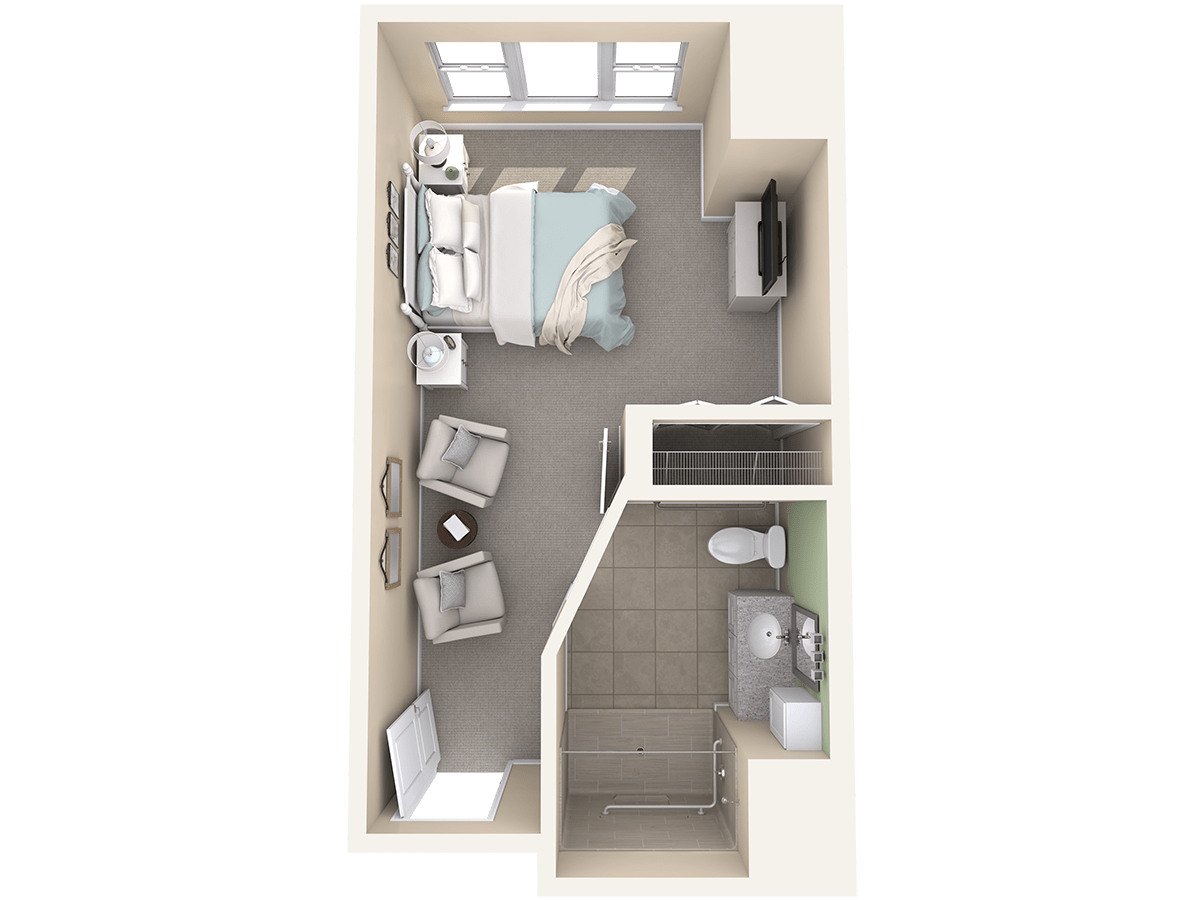 A 3D floor plan of a compact studio apartment featuring a bedroom, living area, and bathroom.