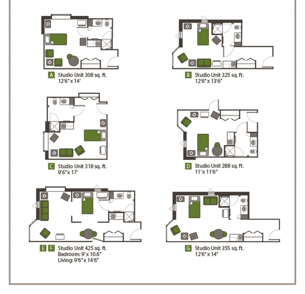 A collection of studio apartment floor plans with various layouts and room dimensions.