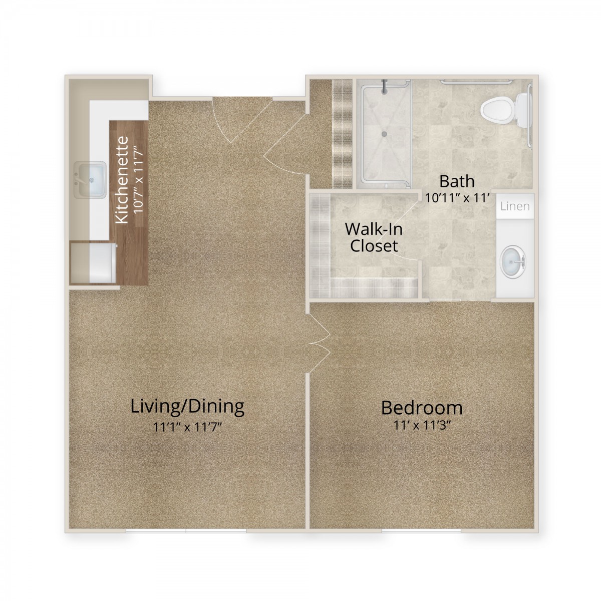 One-bedroom apartment floor plan with living/dining area, bathroom, and walk-in closet.