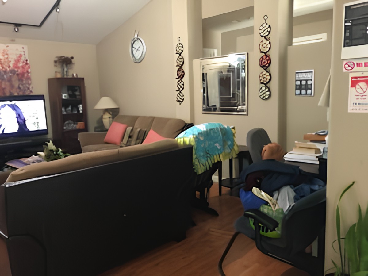 A cozy living room with sofas, a table, and decorative elements.