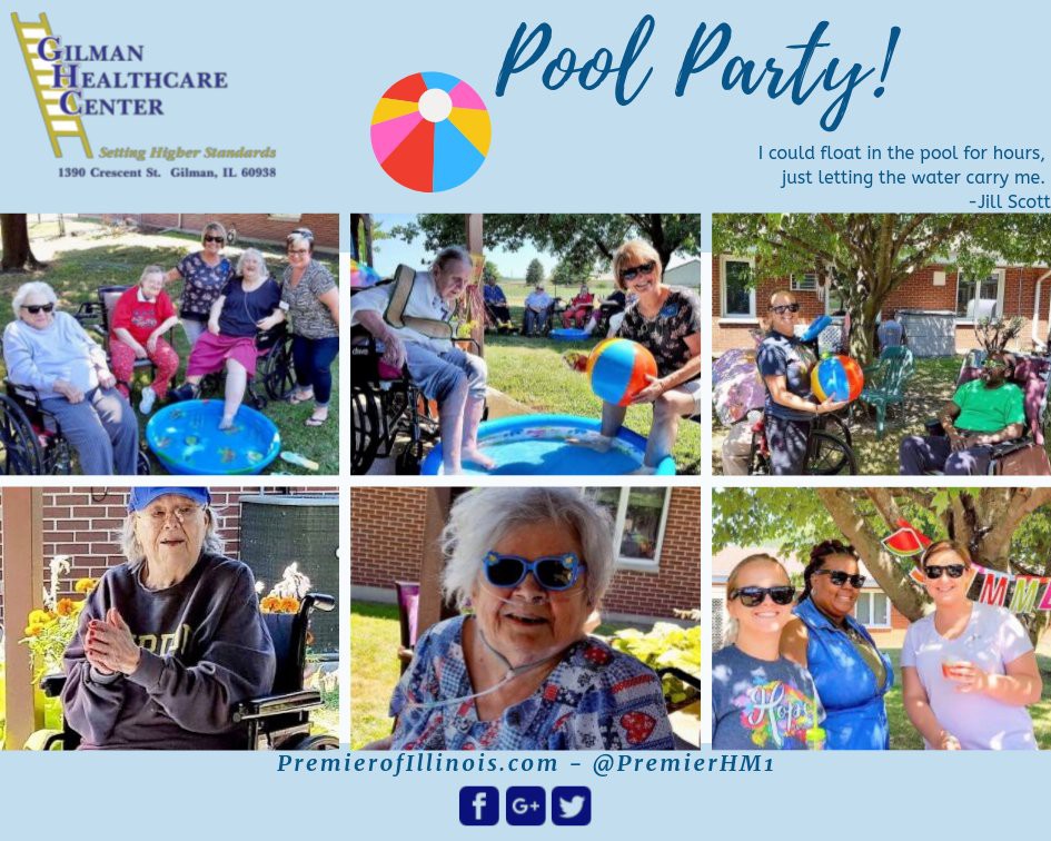 Residents enjoying a sunny pool party at the assisted living center, filled with laughter and joy.
