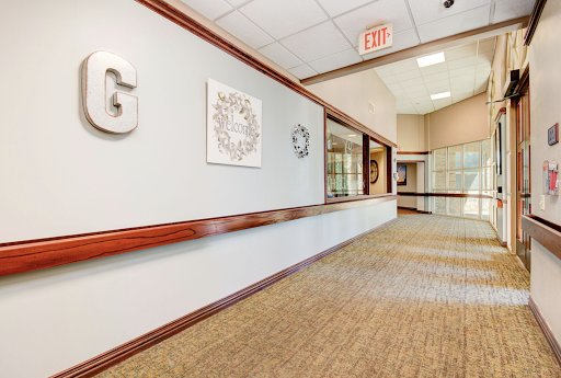 A clean and well-lit office hallway featuring decorative elements and a comfortable carpet.