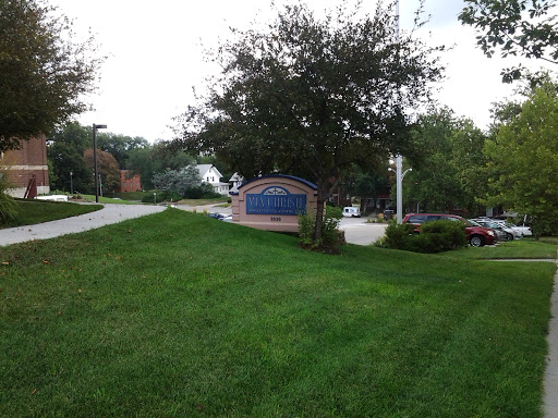 A grassy area with a signboard and trees in a suburban setting.