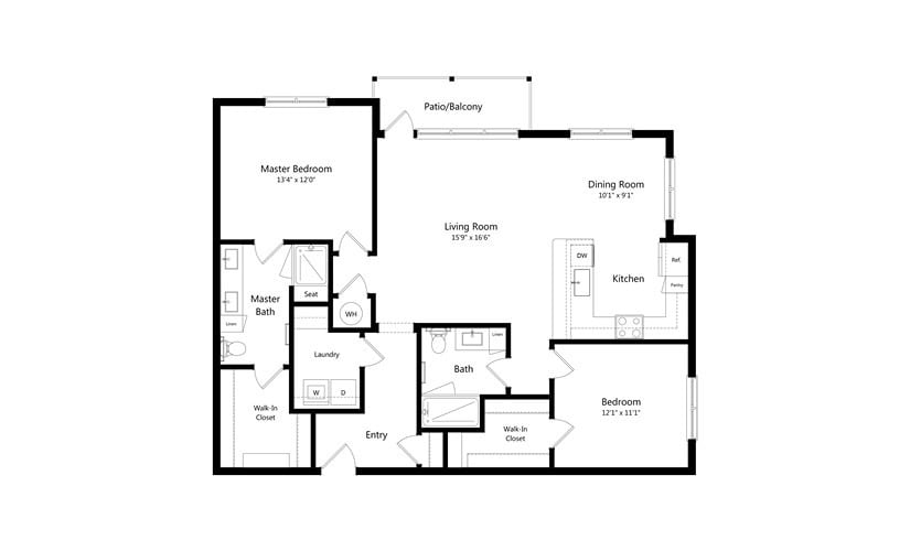A detailed floor plan of a residential building, showcasing the layout of different rooms including a master bedroom, living room, kitchen, and dining area.