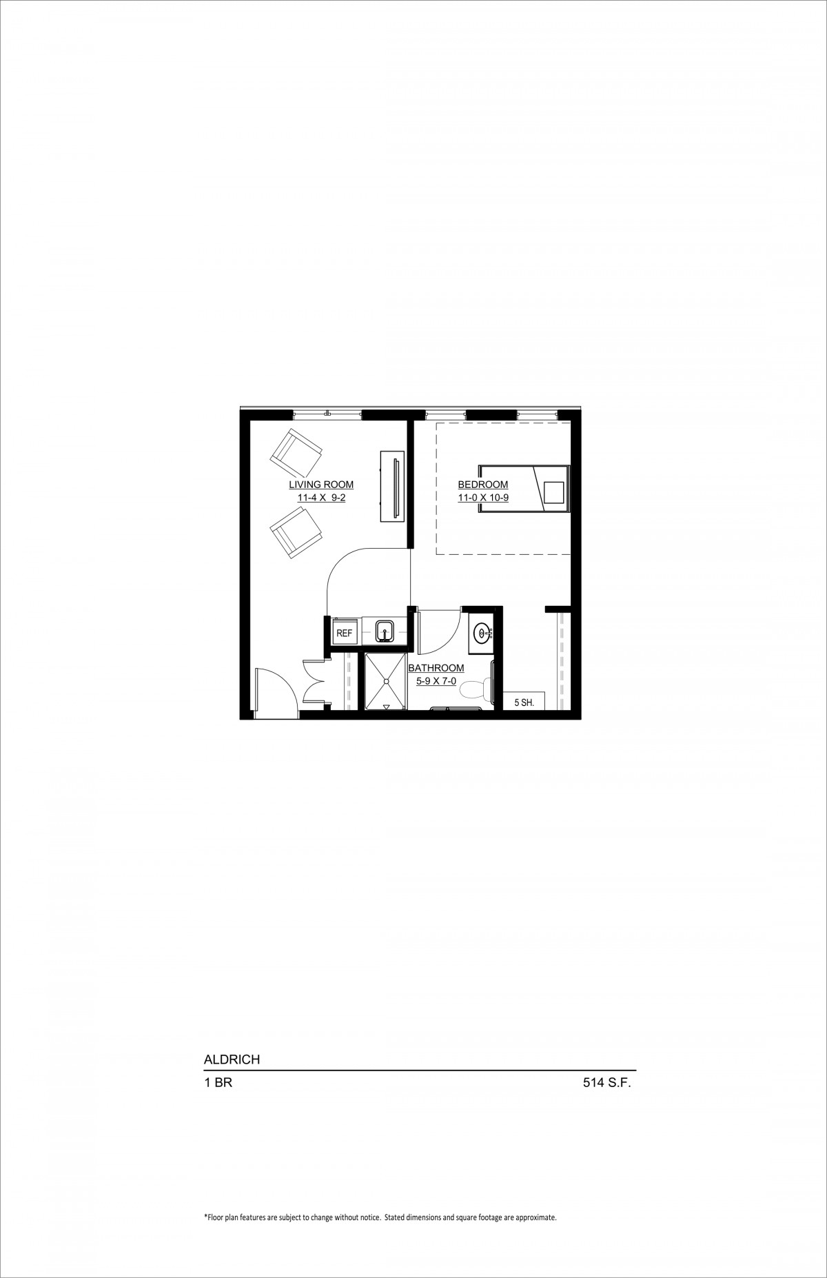A detailed floor plan outlining the layout of a small apartment including living spaces and amenities.