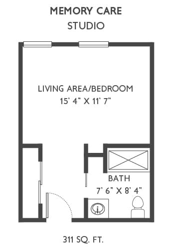 A floor plan of a studio apartment including a living area/bedroom and a bathroom.