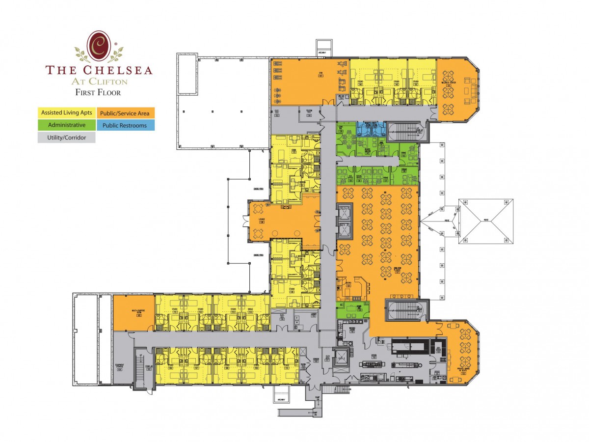 Color-coded floor plan of a building showing different room allocations and areas.