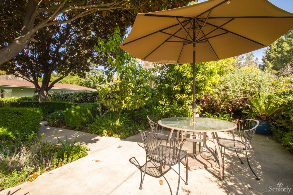 A sunny patio with a table, chairs, and an umbrella surrounded by lush greenery.