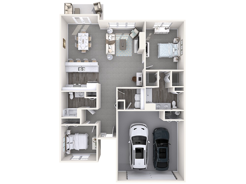 A 3D floor plan of a residential home featuring two bedrooms, a living area, kitchen, dining room, and a two-car garage.