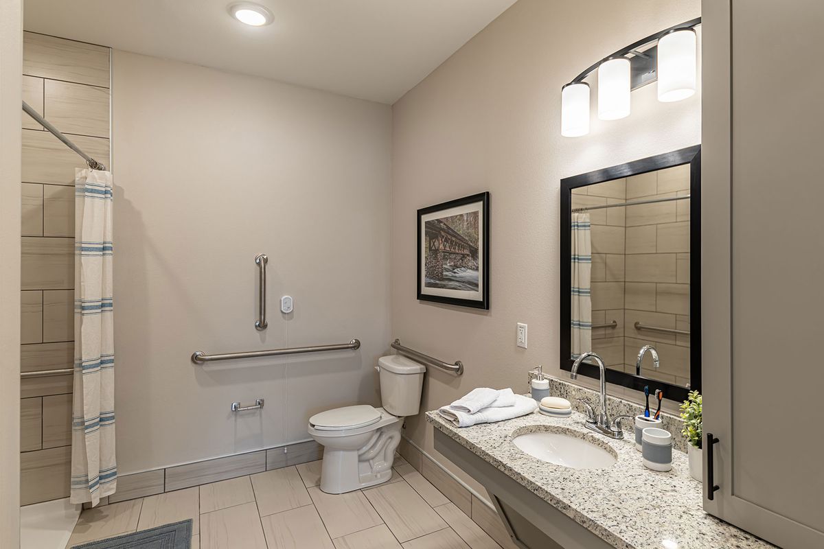 A modern bathroom with a toilet, sink, and handrails for accessibility.