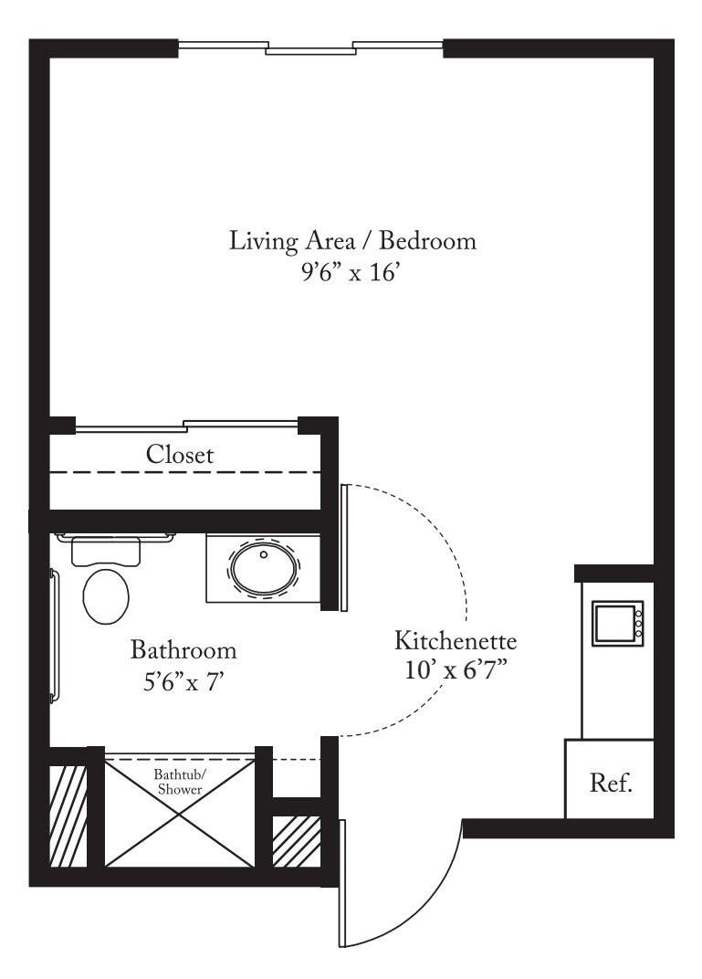 Studio apartment floor plan with combined living and sleeping area, bathroom, and kitchenette.