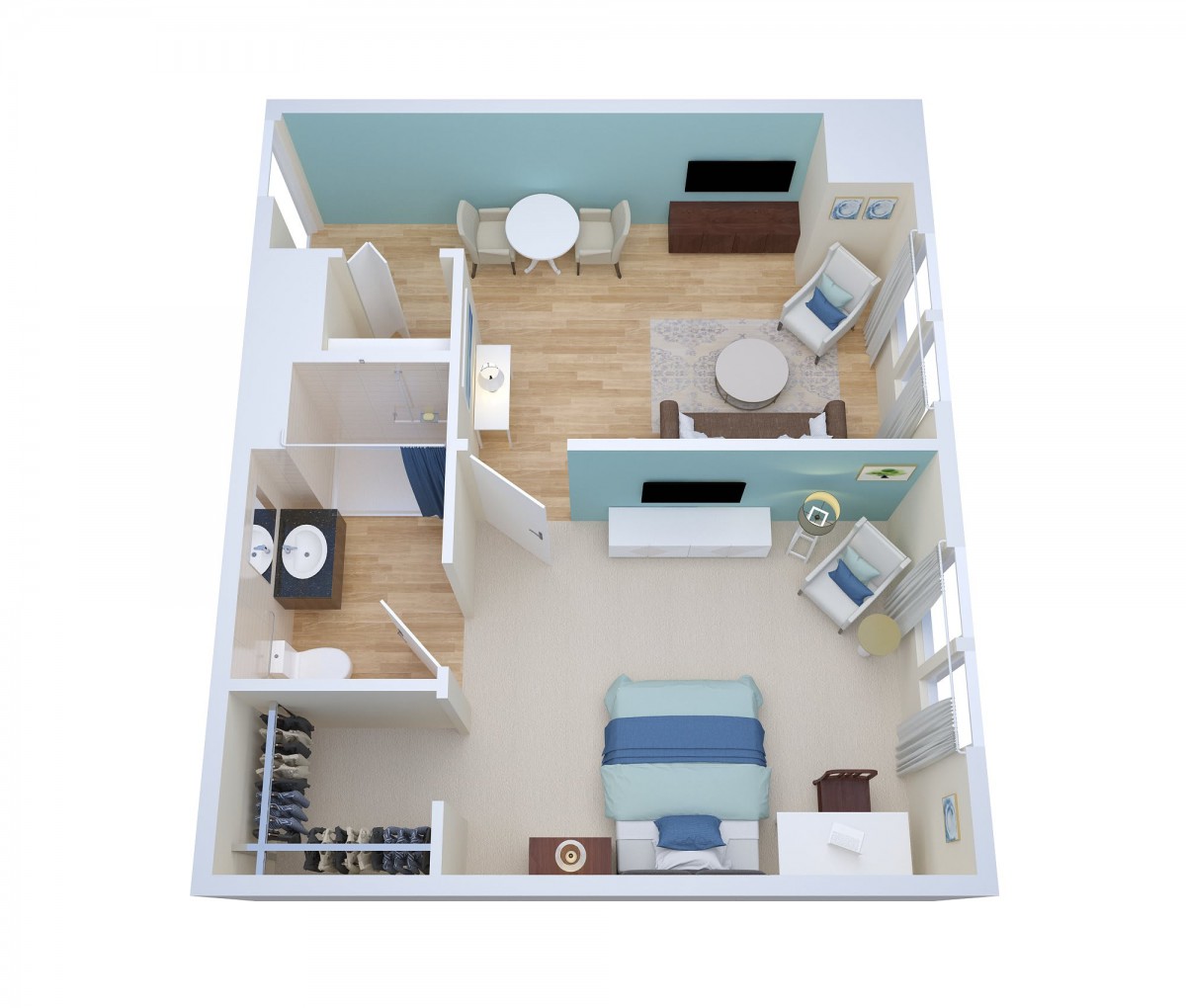 A 3D floor plan of a one-bedroom apartment featuring a living room, kitchen, and bathroom.
