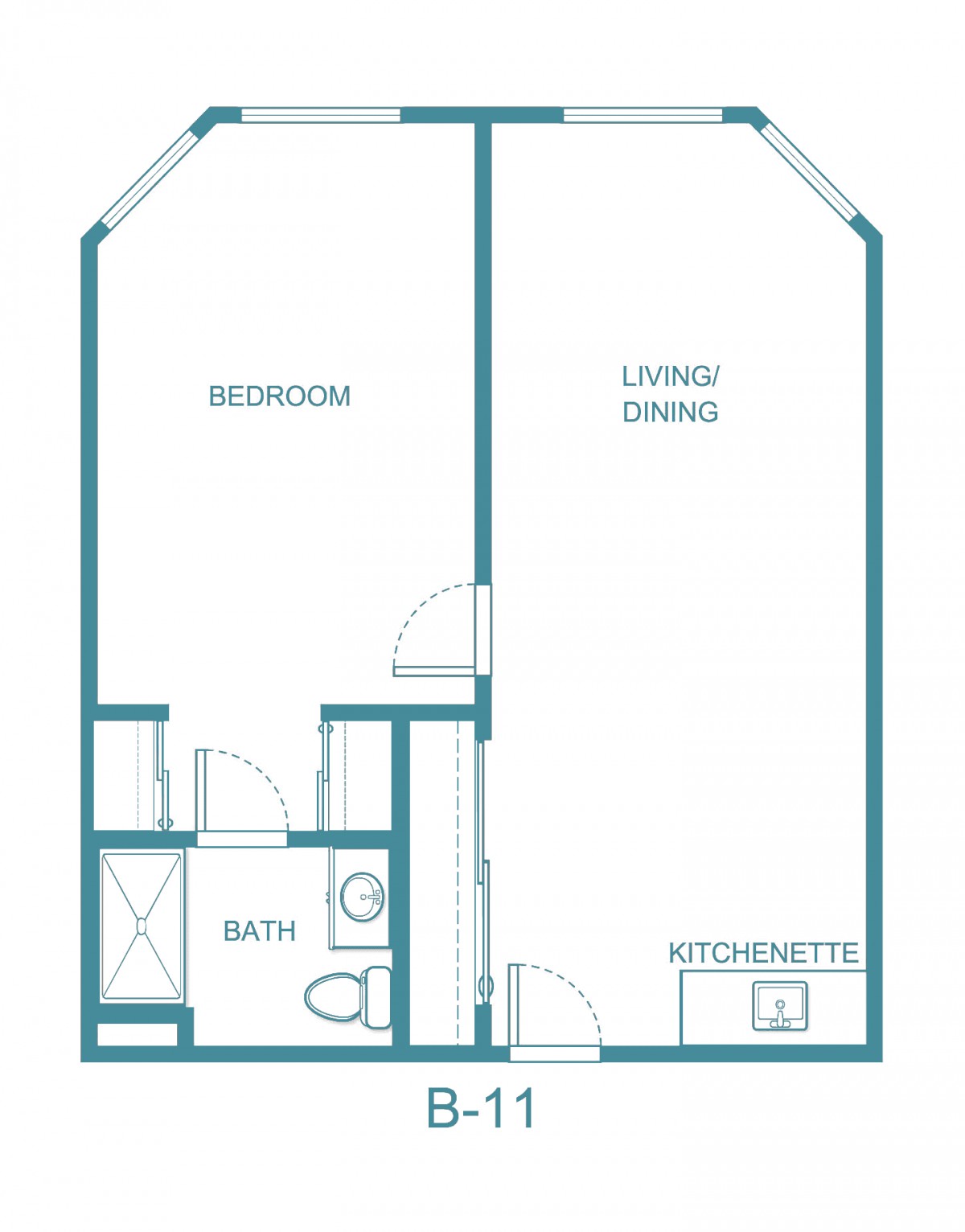 A floor plan of a one-bedroom apartment with living/dining area, bathroom, and kitchenette.