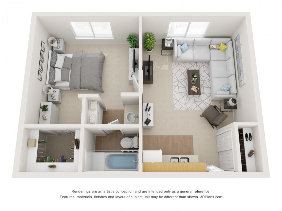 A top-down view of a 1-bedroom apartment floor plan featuring a living room, bedroom, bathroom, and kitchen.