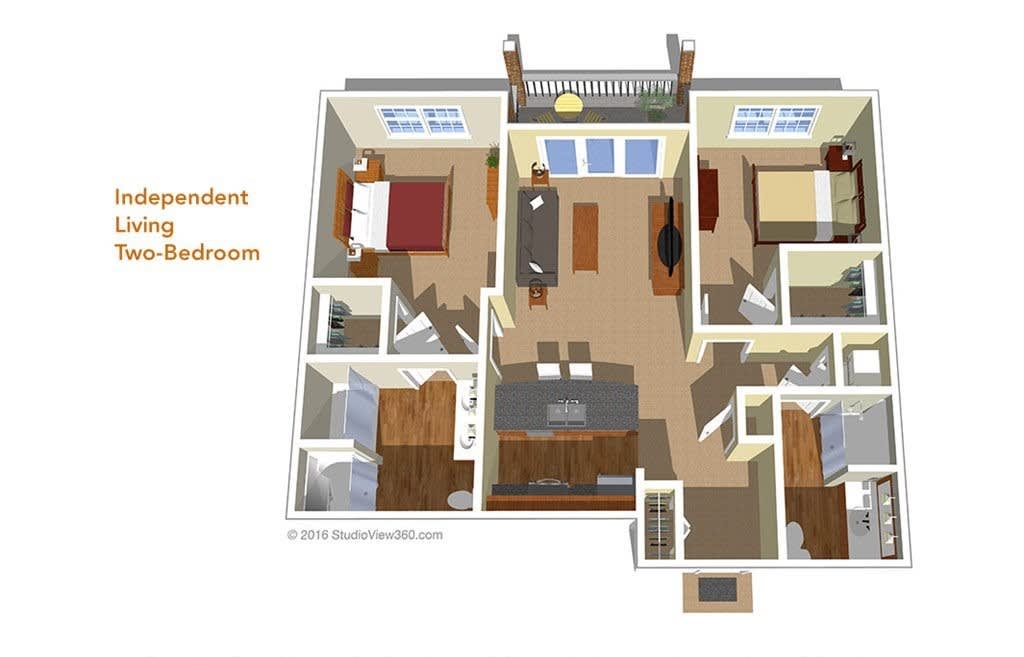 3D floor plan of a two-bedroom apartment with detailed furniture layout.