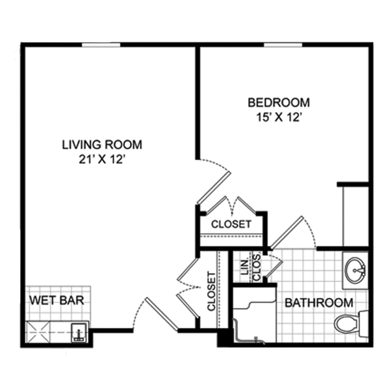 A simple floor plan featuring a living room, bedroom, bathroom, and a wet bar.