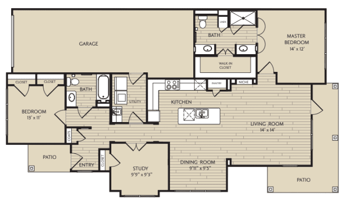 A detailed floor plan of a residential layout featuring rooms, bathrooms, kitchen, and garage.