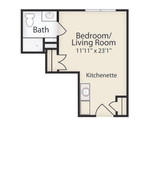 Floor plan of a studio apartment with a combined bedroom and living room area, kitchenette, and bathroom.