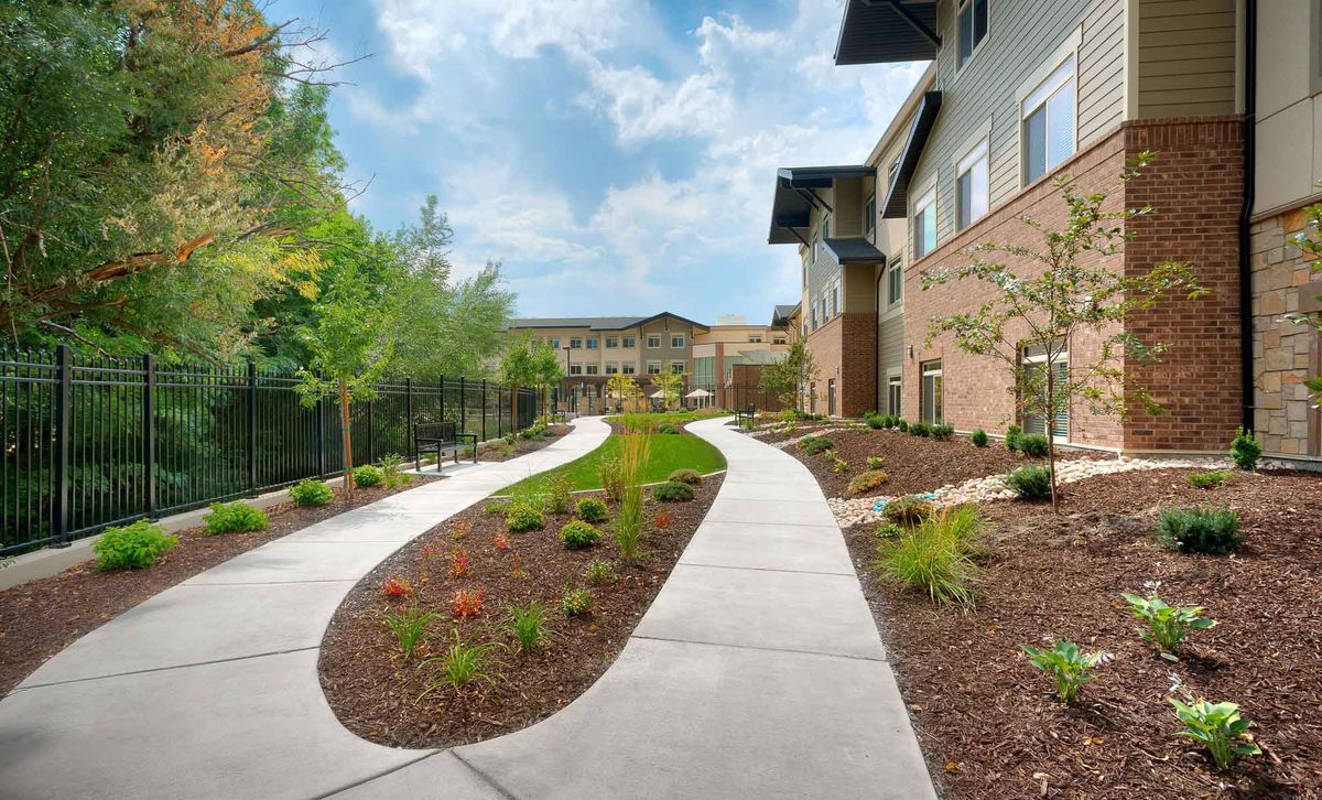A well-maintained landscaped pathway with greenery leading to a modern building exterior.
