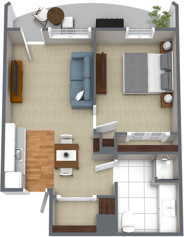 A 3D rendering of a one-bedroom apartment floor plan including living room, kitchen, bathroom, and bedroom.