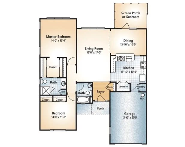 A detailed floor plan of a house showing the arrangement of rooms including bedrooms, living room, kitchen, dining area, garage, and bathrooms.