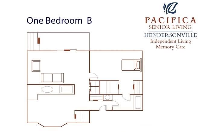 Floor plan of a one-bedroom apartment at Pacifica Senior Living.