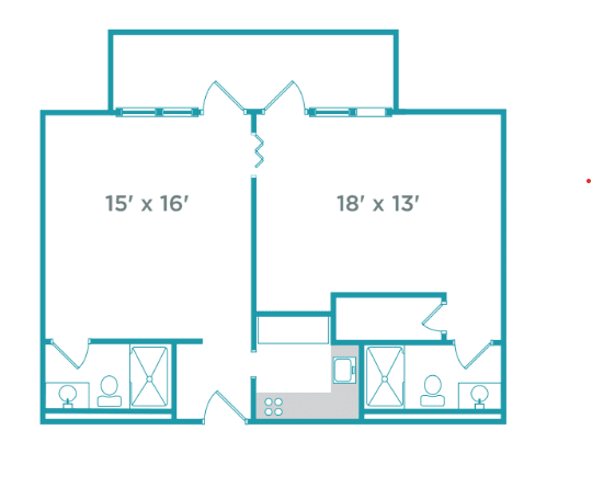 Floor plan showing two rooms with dimensions and adjoining bathrooms.