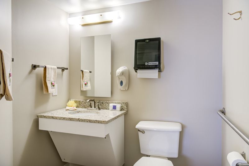 A clean, well-lit bathroom with a sink, mirror, toilet, and various amenities.