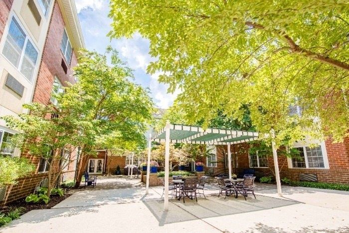A sunny courtyard with trees providing shade and patio furniture beneath a canopy.
