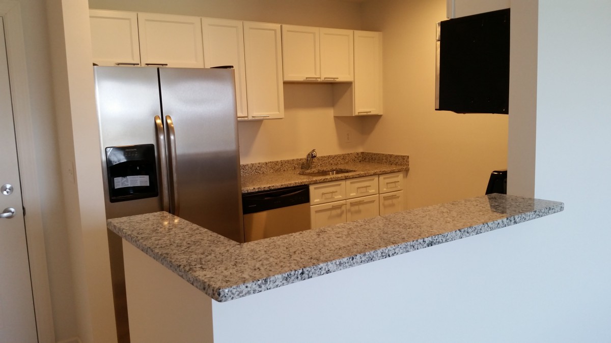 A modern kitchen with stainless steel appliances and granite countertops.
