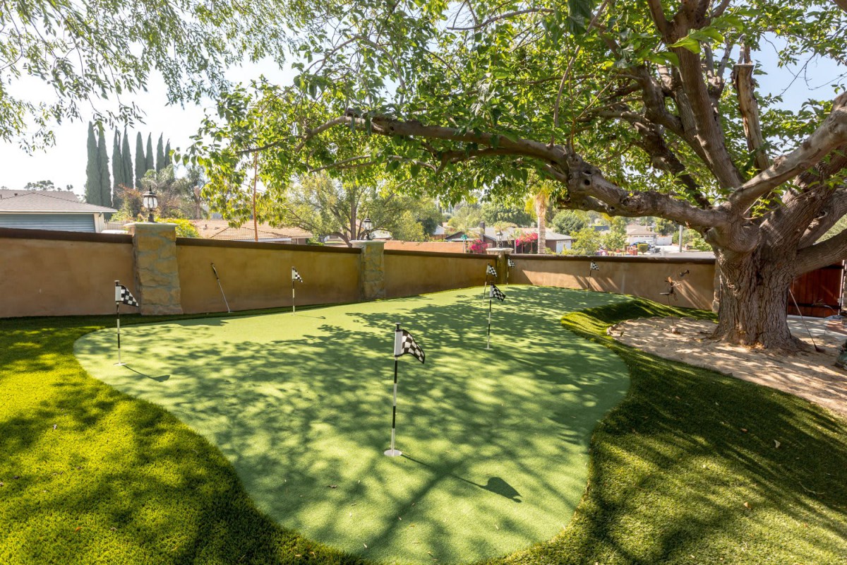 A sunny backyard featuring an artificial putting green beneath a large tree.