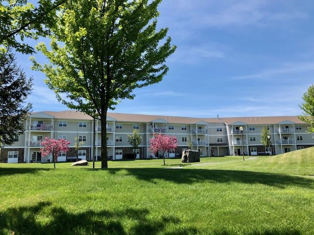 A sunny day in a residential area with an apartment building, surrounded by green grass and blossoming trees.