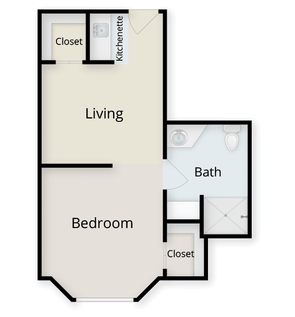 A floor plan of a one-bedroom apartment with living room, bathroom, and closets.