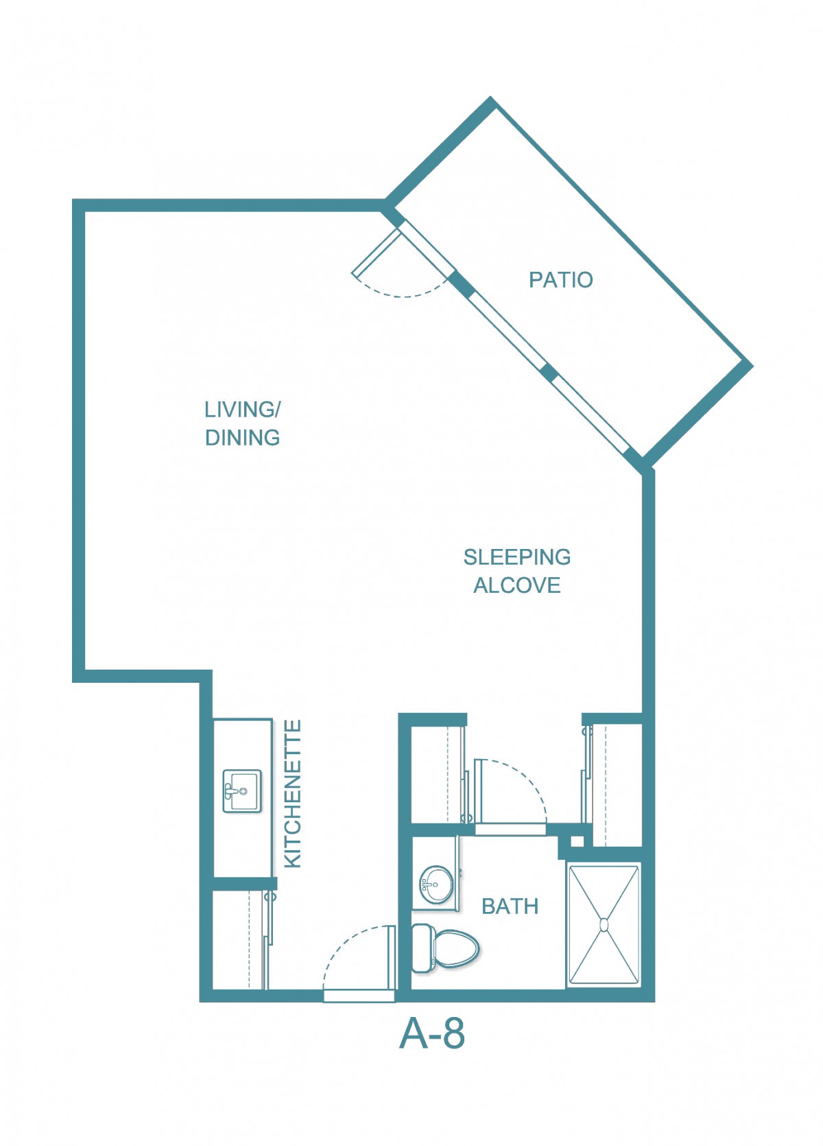 Studio apartment floor plan with living/dining area, sleeping alcove, bathroom, and patio.