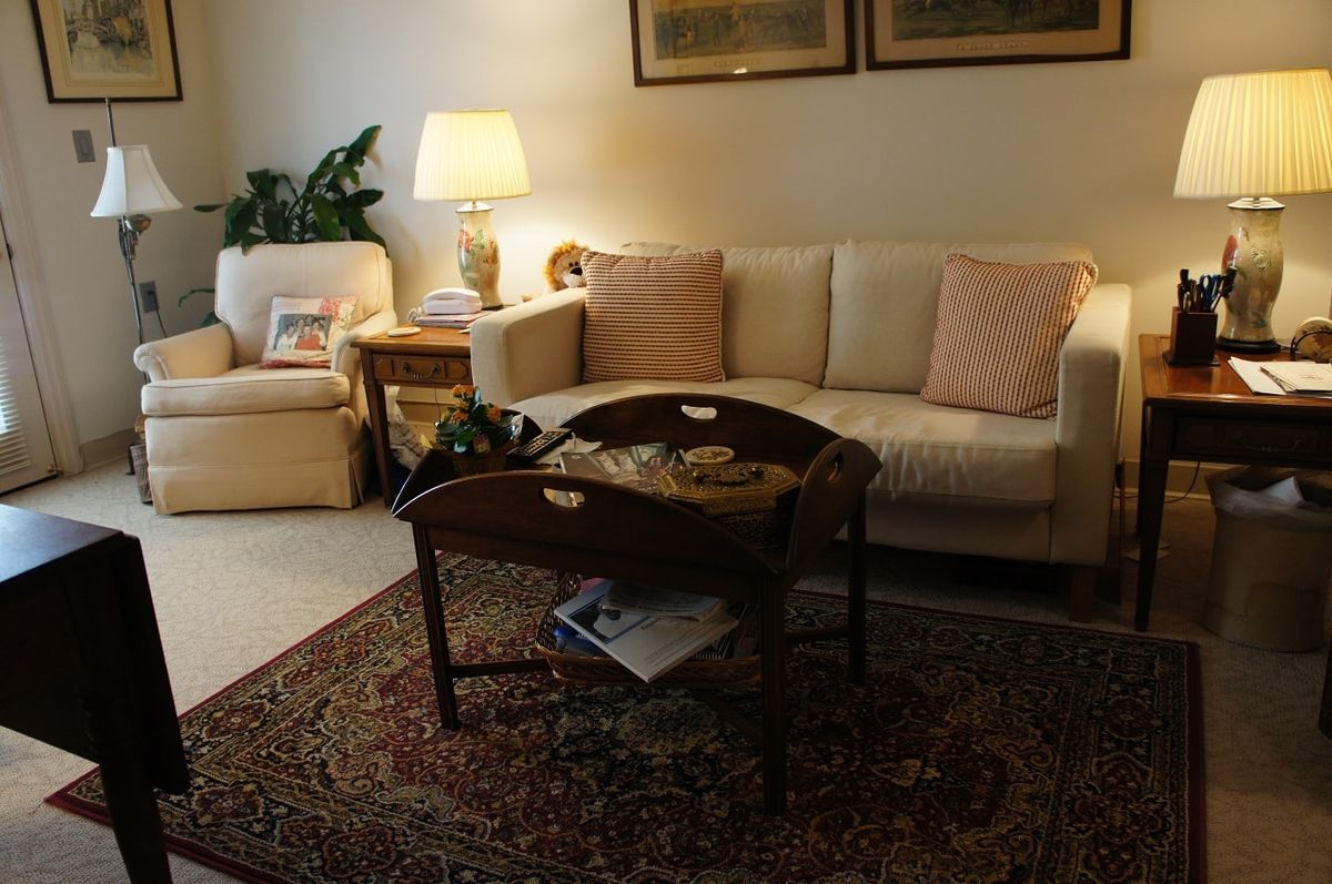 A cozy living room with a sofa, armchair, lamp, and coffee table on a patterned rug.