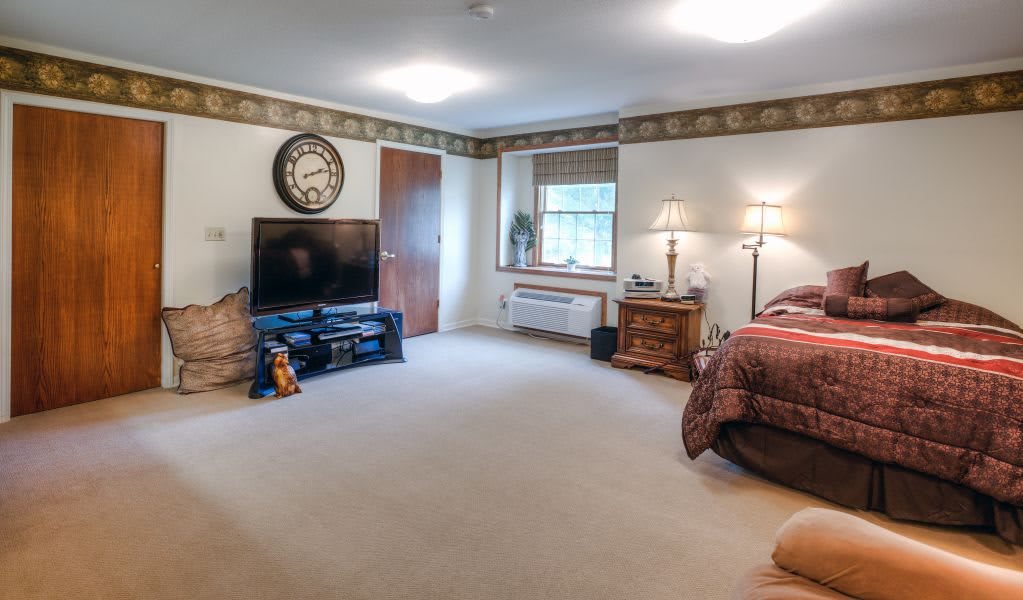 A spacious bedroom with a television and classic decor.