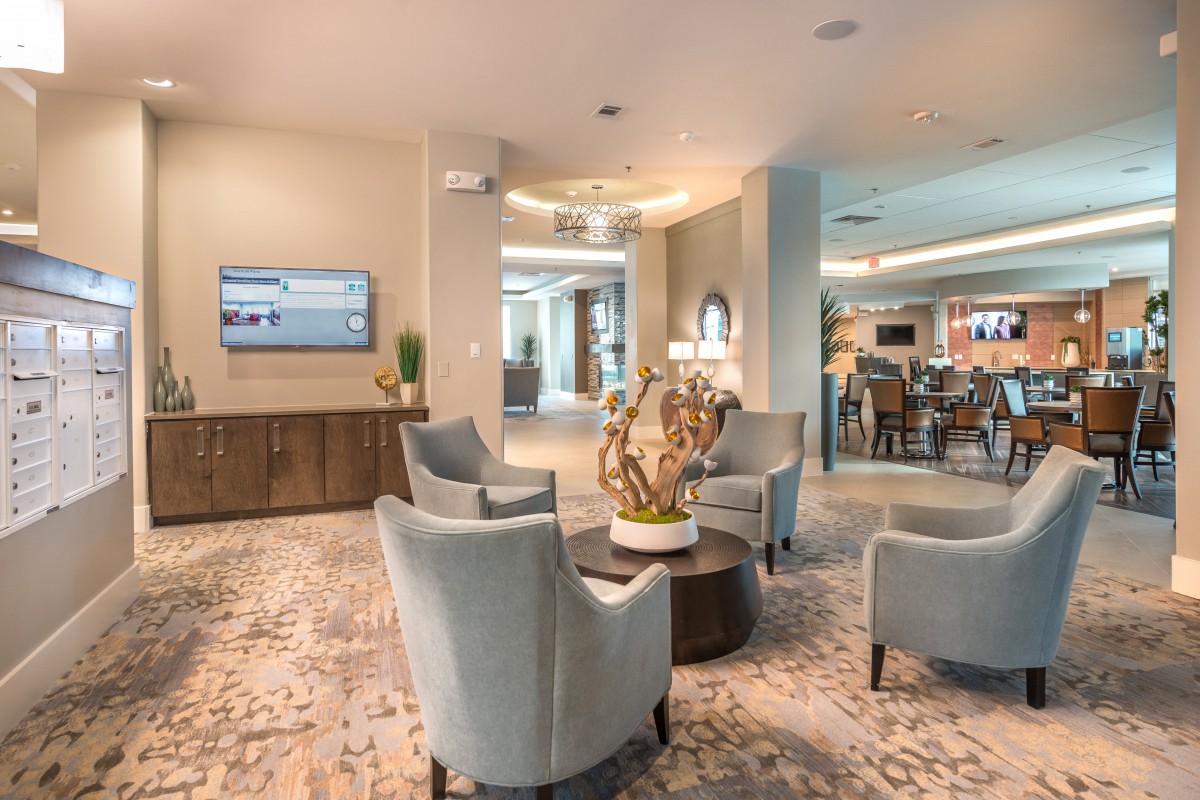 A modern lobby with comfortable seating and elegant interior design.
