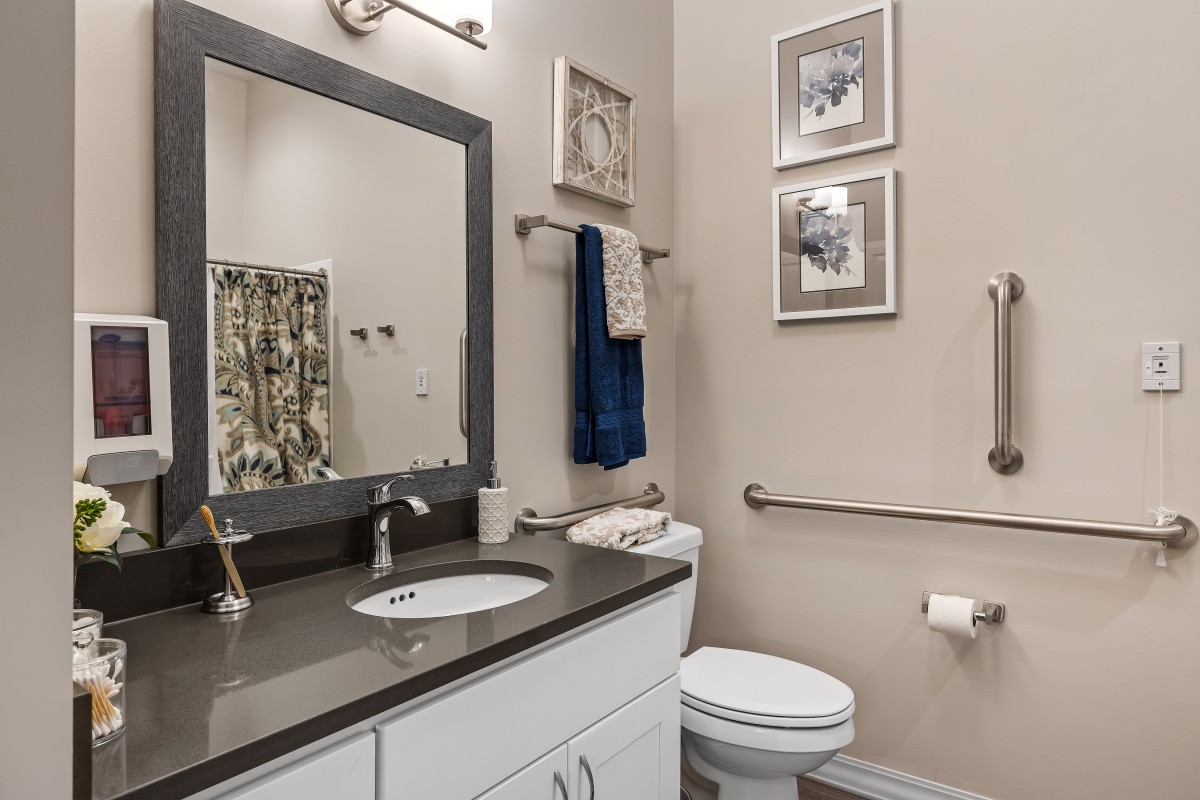 A modern bathroom featuring elegant decor with framed artwork, a large mirror above a sleek countertop, and neatly arranged towels.