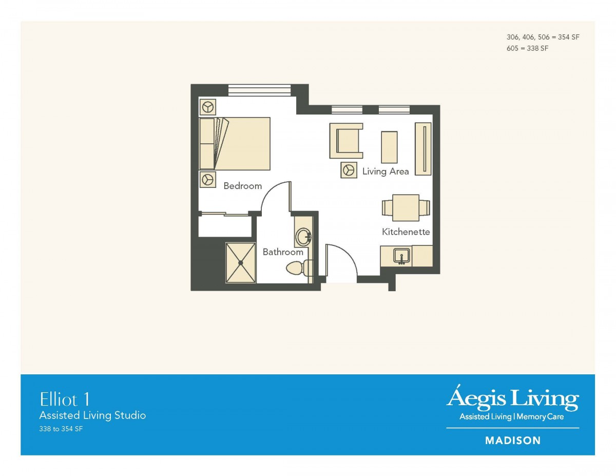 Studio apartment floor plan with designated living and sleeping areas.