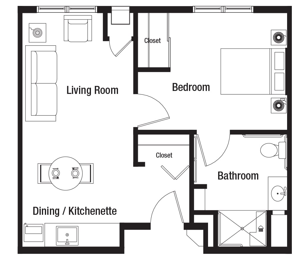 A simple floor plan of a small apartment featuring a living room, bedroom, bathroom, and dining/kitchenette area.
