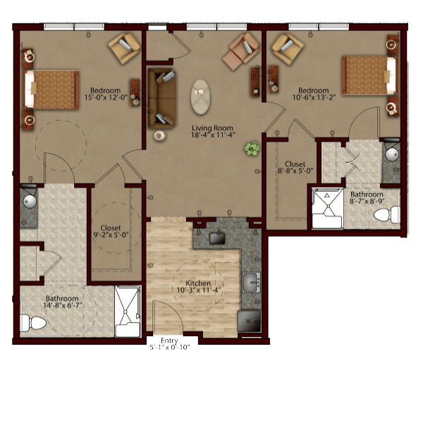 A floor plan of a two-bedroom apartment with a kitchen, living room, and bathrooms.