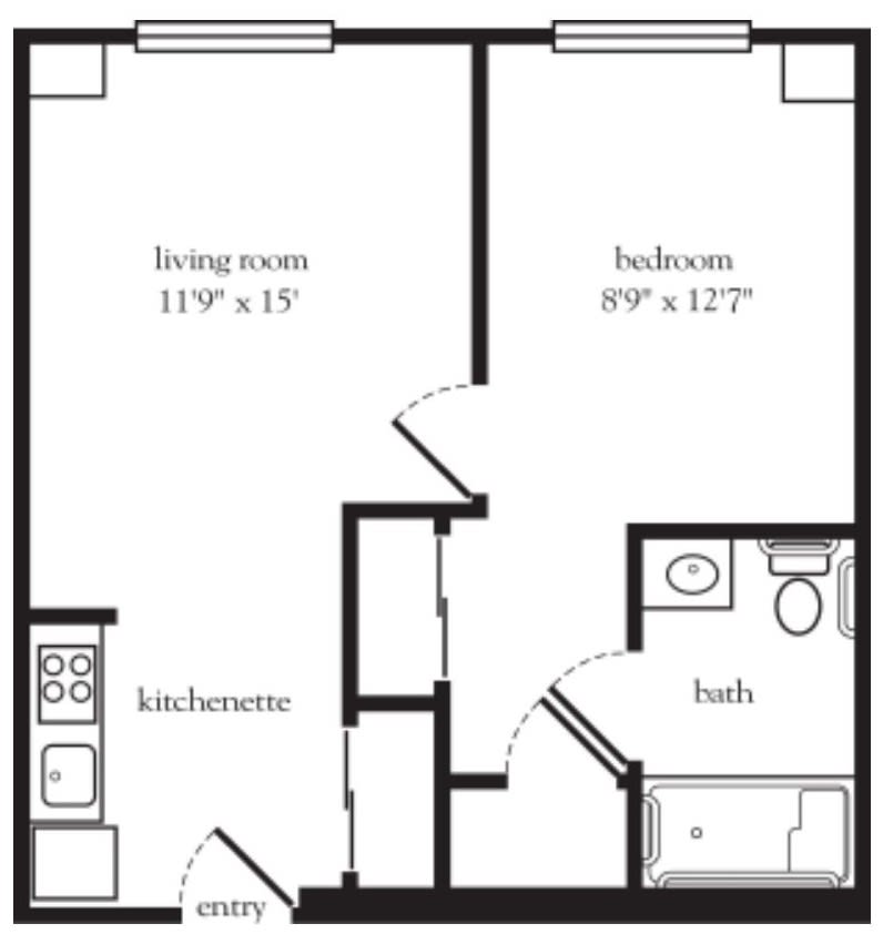 A floor plan of a one-bedroom apartment with a living room, kitchenette, and bathroom.