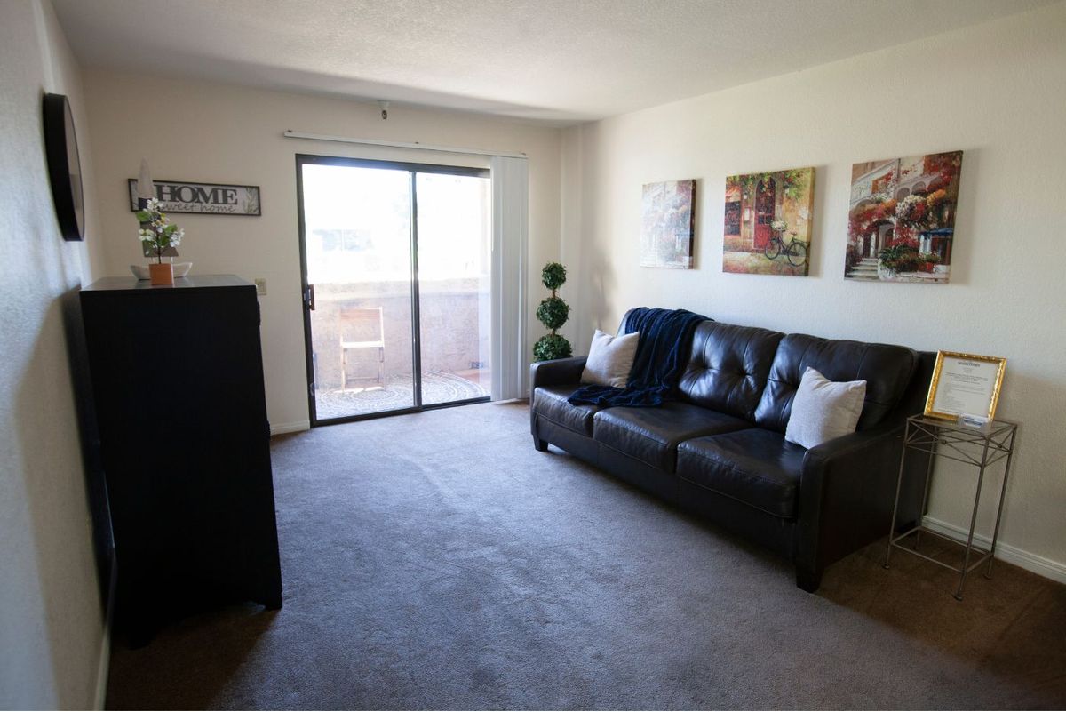 A cozy living room with a black sofa, carpeted floor, and sliding glass door leading to a balcony.