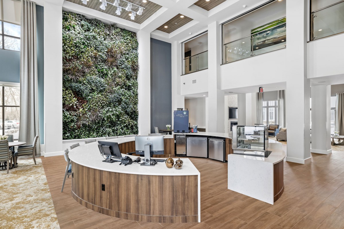 A modern lobby with a curved reception desk and a large green wall accent.