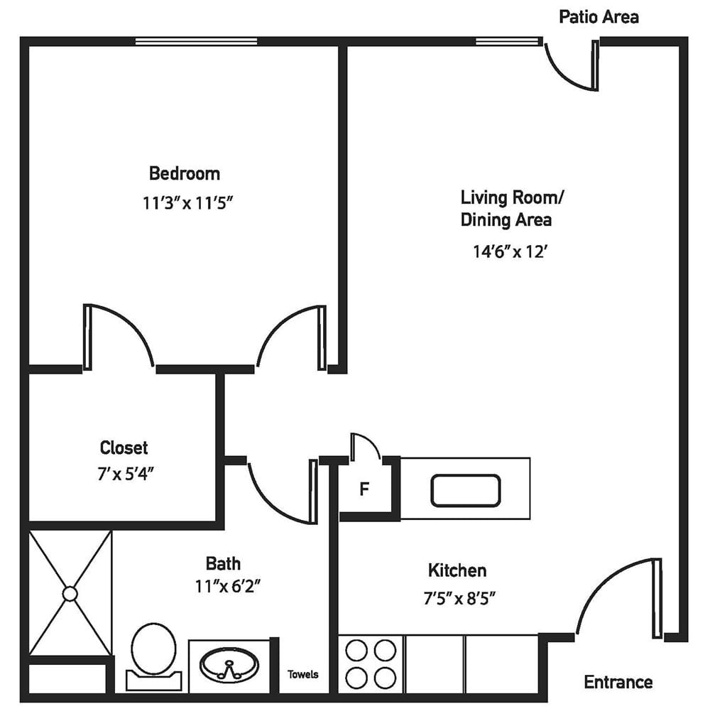 A one-bedroom apartment floor plan with living/dining area, kitchen, bathroom, and closet.