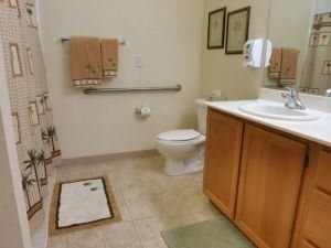 A handicap accessible bathroom with a toilet, sink, and handrails.